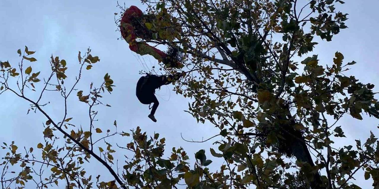 Ağaçta Asılı Kalan Paraşütçüyü İtfaiye Kurtardı