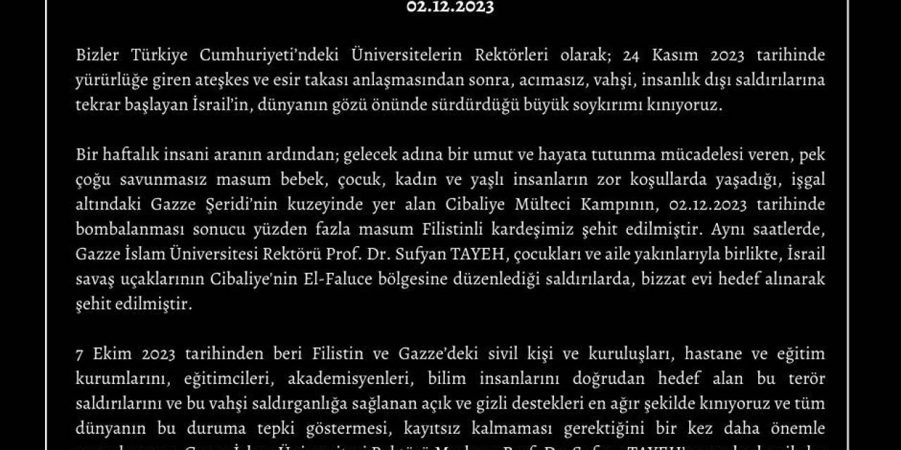 Üniversite Rektörlerinden Gazze İslam Üniversitesi Rektörü Tayeh’in Öldürülmesine Kınama