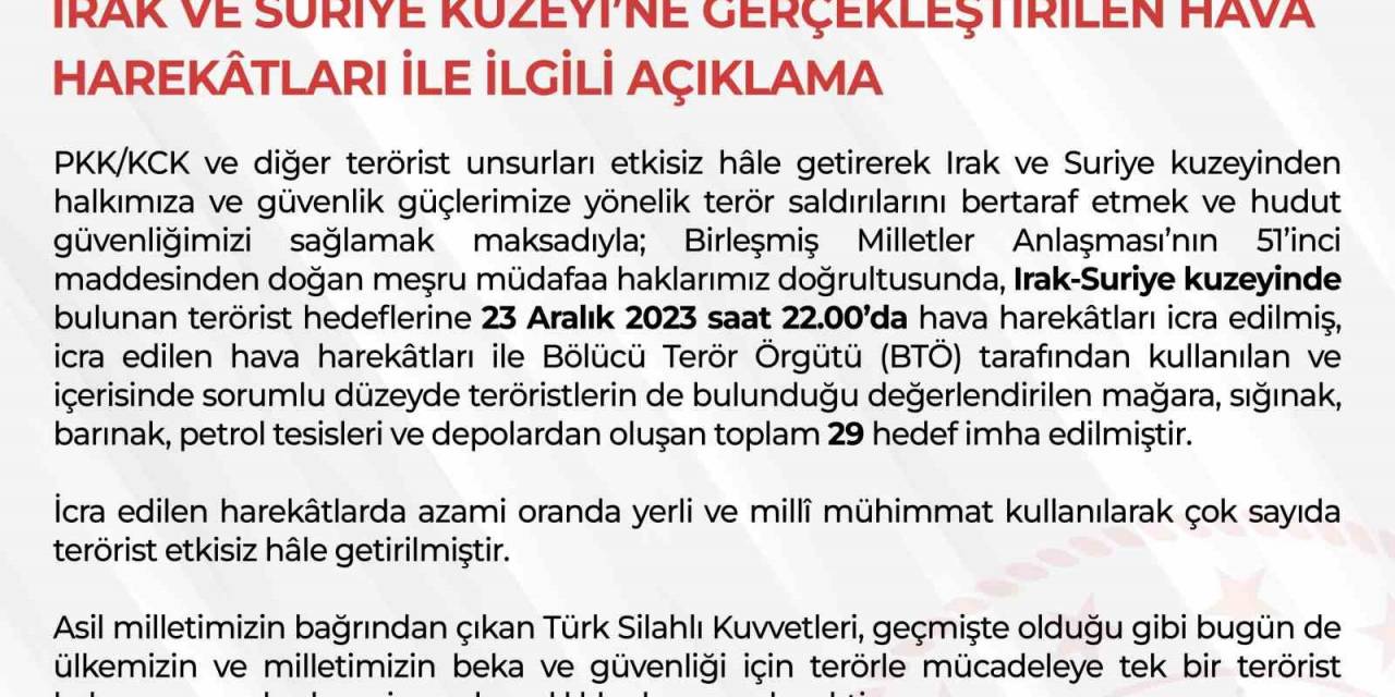 Tsk Bölücü Terör Örgütünün 29 Hedefini İmha Etti