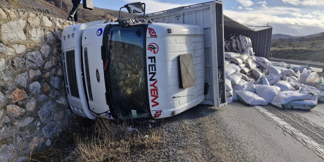 Kontrolden Çıkan Yem Yüklü Tır Devrildi