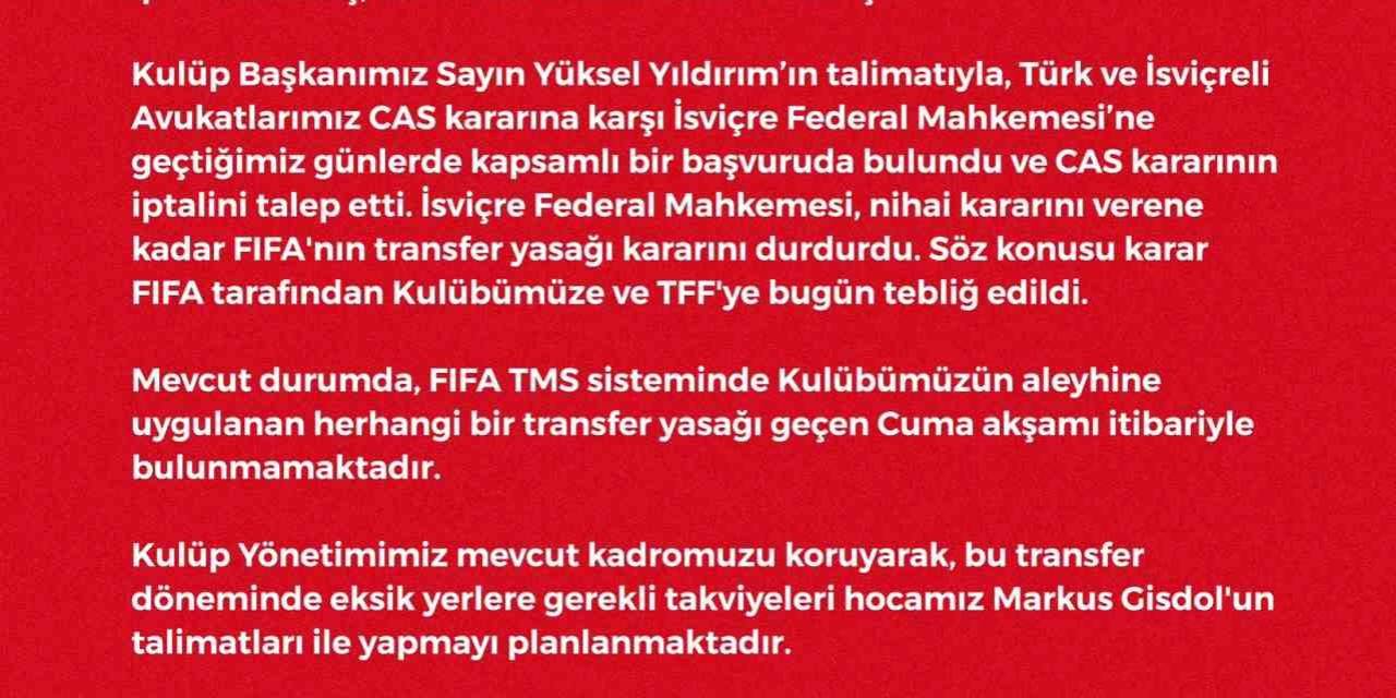 Samsunspor, Transfer Yasağının Kaldırıldığını Açıkladı