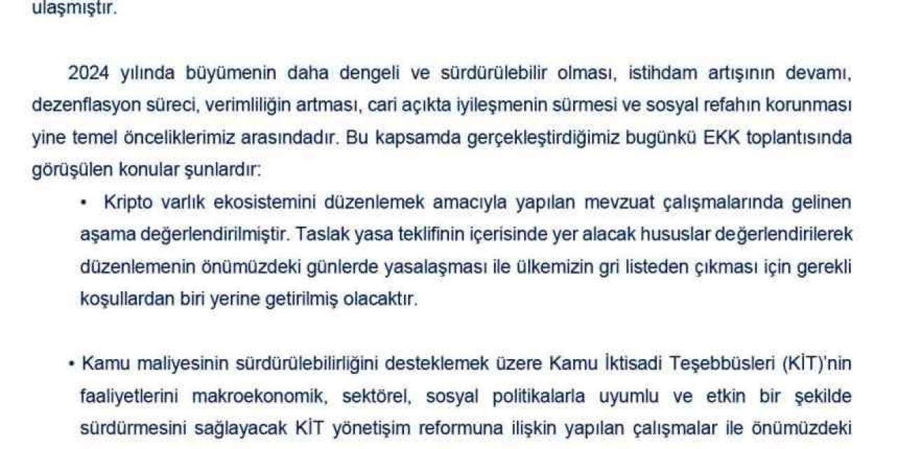 Ekonomi Koordinasyon Kurulu: "Yapısal Reformlar Hayata Geçirilerek Bu Doğrultuda Etkin Ve Kararlı Adımlar Eş Güdüm İçerisinde Atılacak"