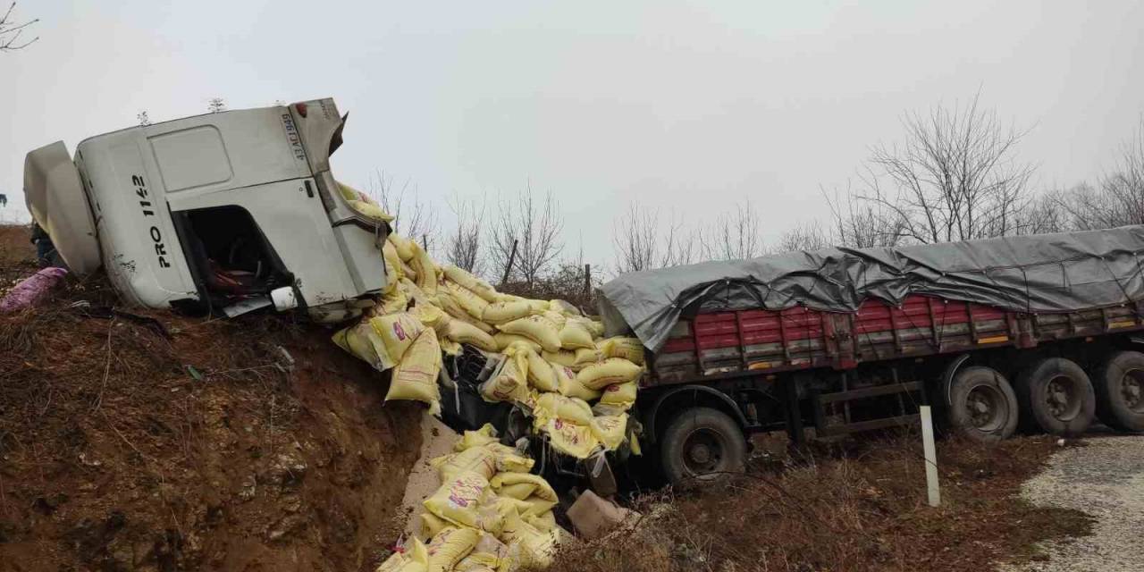 Yem Yüklü Tır Yoldan Çıktı: 2 Yaralı