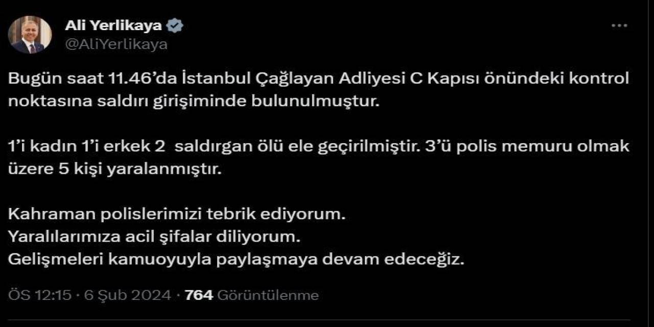 Bakan Yerlikaya, Çağlayan Adliyesine Saldırıda Bulunan 2 Kişinin Ölü Ele Geçirildiğini Bildirdi