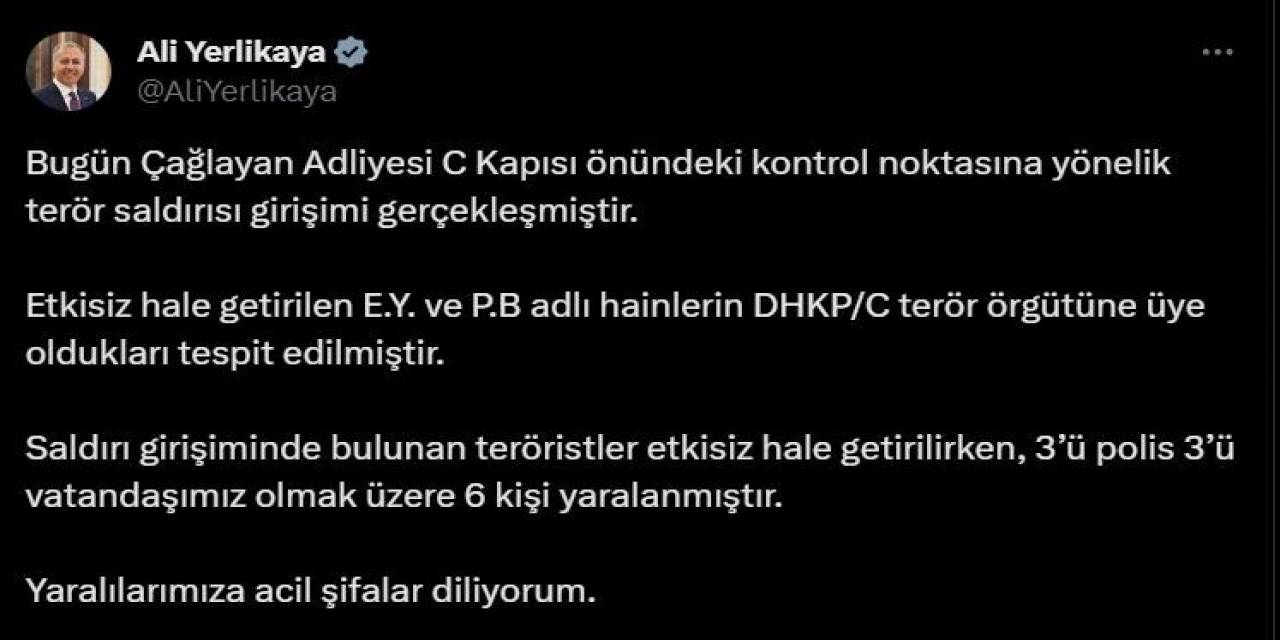 İçişleri Bakanı Ali Yerlikaya: “Etkisiz Hale Getirilen E.y. Ve P.b Adlı Hainlerin Dhkp/c Terör Örgütüne Üye Oldukları Tespit Edilmiştir”