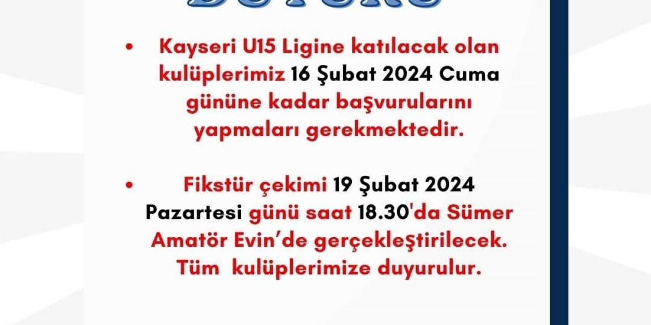 Kayseri U-15 Ligi Fikstürü 19 Şubat’ta Çekilecek