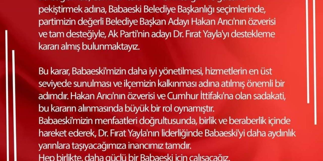 Mhp Babaeski’de Adayını Geri Çekti, Ak Parti’yi Destekleyecek