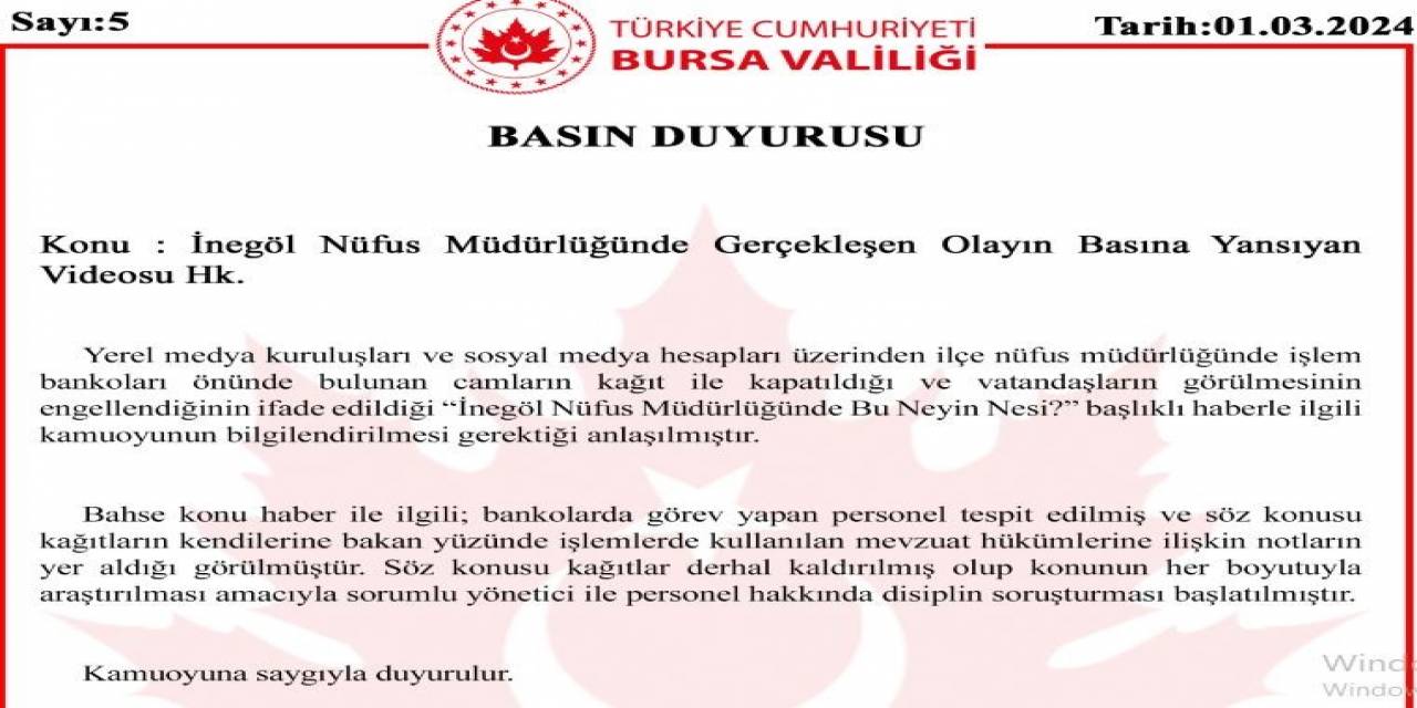 İnegöl Nüfus Müdürlüğü’nde Çekilen Videoya İlişkin Valilikten Açıklama