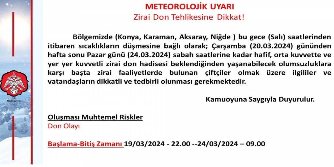 Niğde İçin "Zirai Don" Uyarısı
