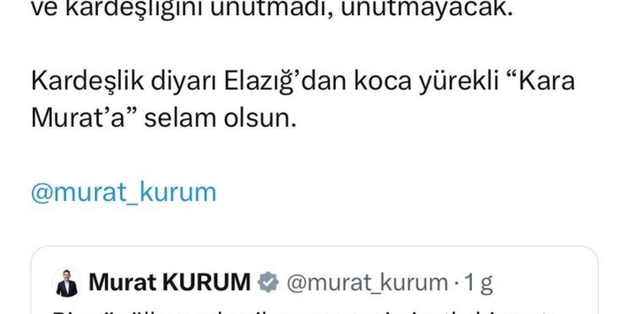 Başkan Şerifoğulları’ndan Murat Kurum’a: "elazığ’dan Koca Yürekli Kara Murat’a Selam Olsun”