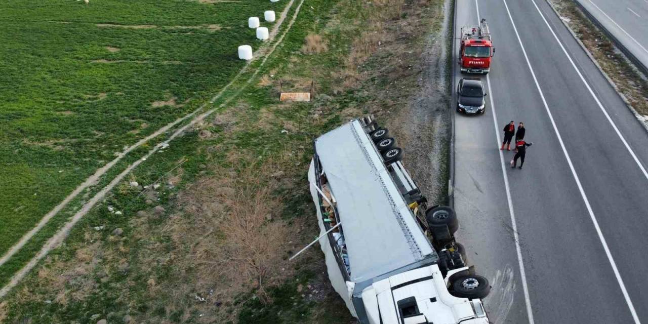 Kontrolden Çıkan Temizlik Malzemesi Yüklü Tır Devrildi