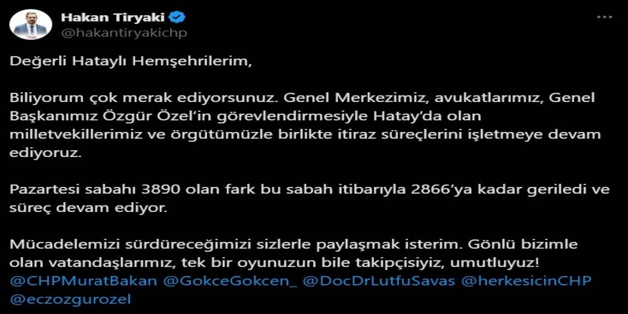 Chp İl Başkanı, Hatay’da Farkın 2 Bin 866 Oya Gerilediğini Açıkladı