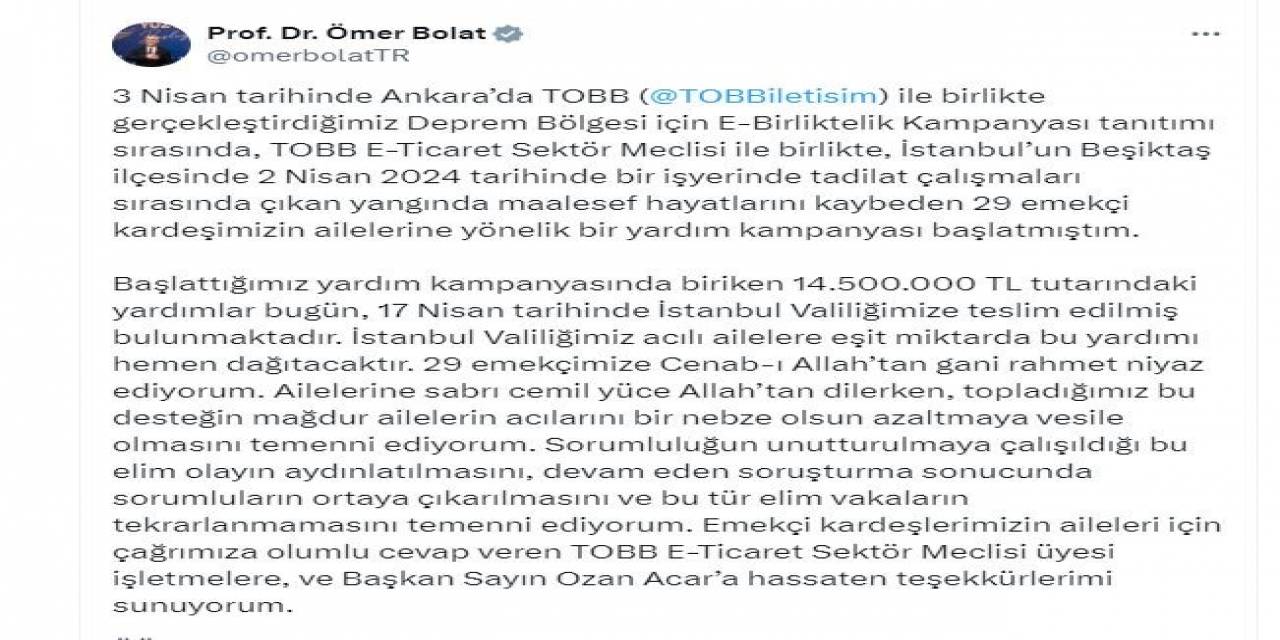 Ticaret Bakanı Bolat Açıkladı: "Beşiktaş’taki Yangın Faciasında Hayatını Kaybeden 29 İşçi İçin 14 Milyon 500 Bin Tl Toplandı"