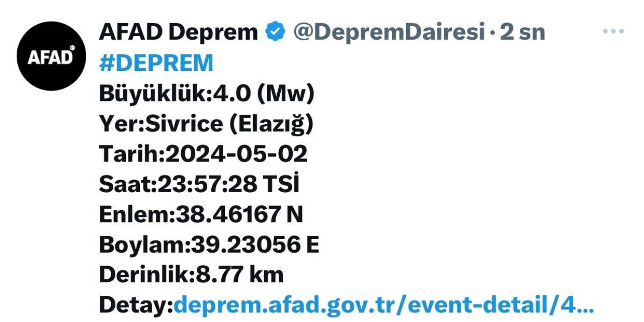 Elazığ’da 4.0 Büyüklüğünde Deprem