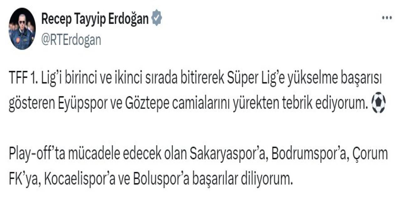 Cumhurbaşkanı Erdoğan’dan Tff 1. Lig’e Yükselen Takımlara Tebrik