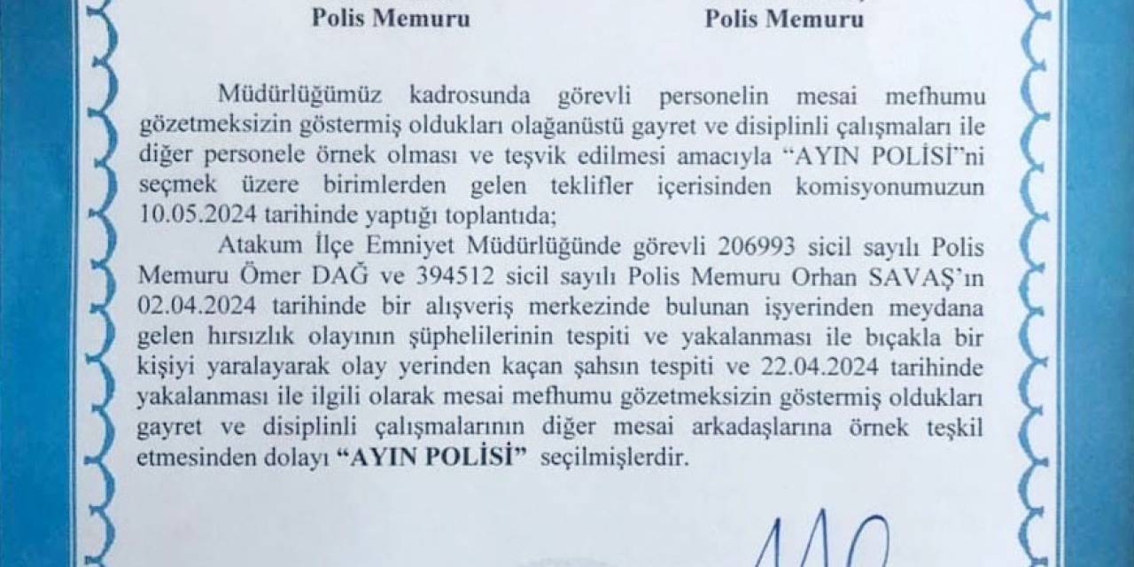 Samsun’da Hırsızlık Ve Bıçaklama Olayını Aydınlatan Polisler Ayın Polisi Seçildi