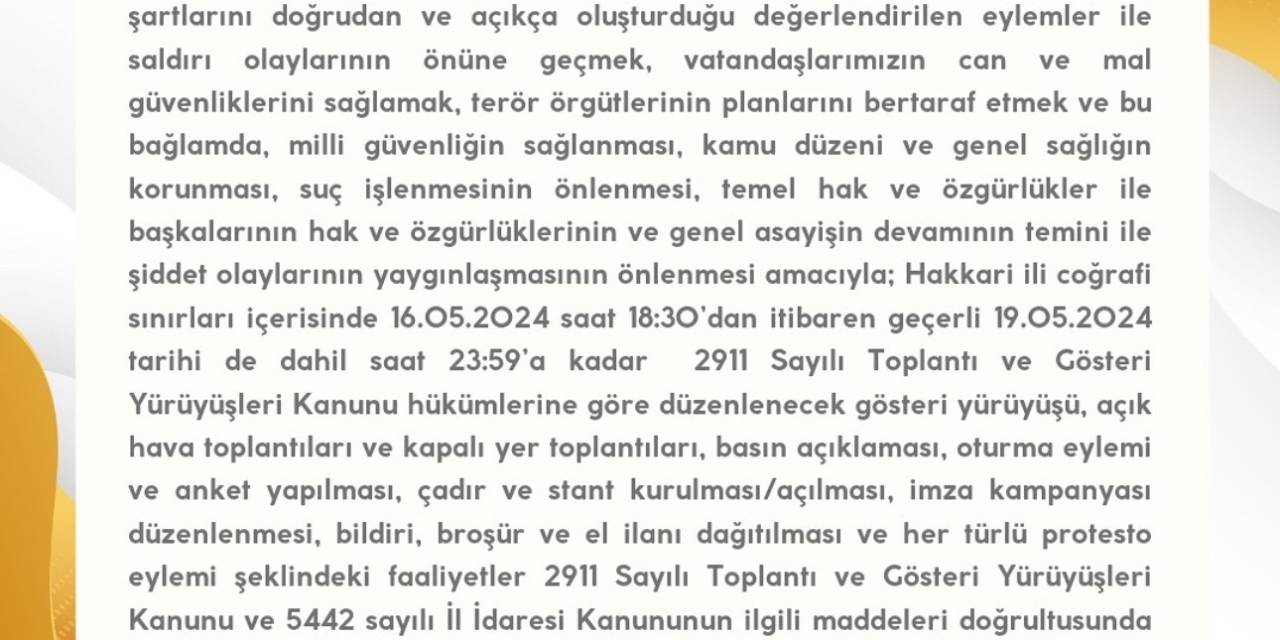 Hakkari Valiliğinden Yasaklama Kararı