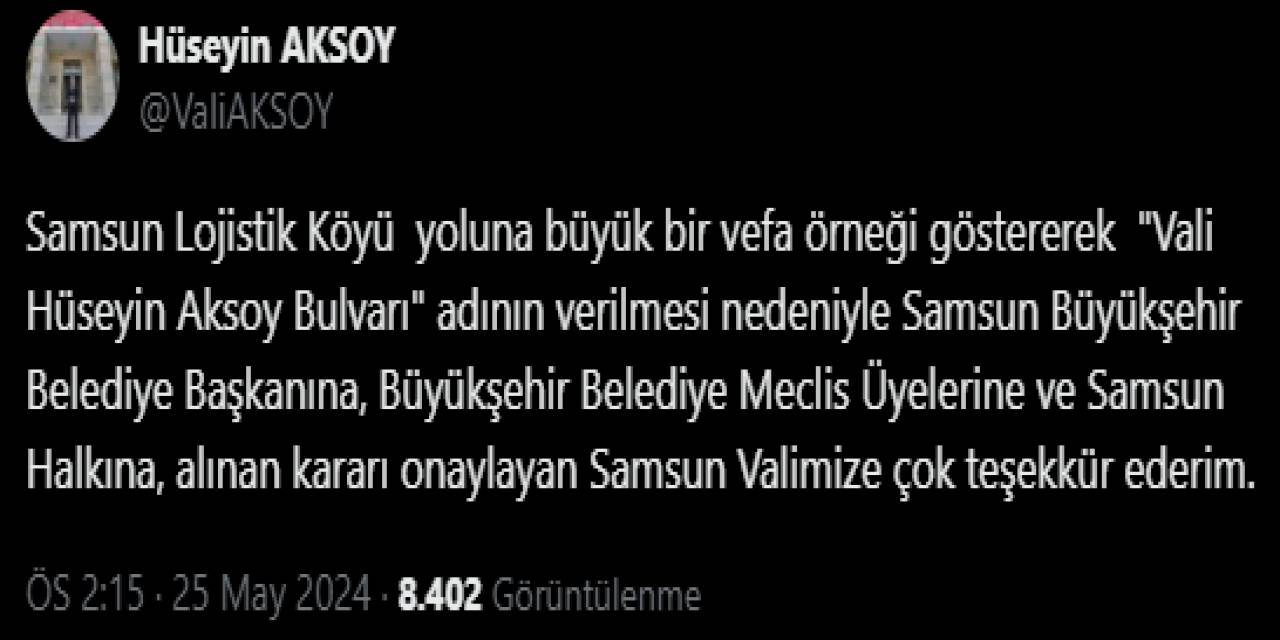 İsmi Samsun’da Bulvara Verilen Vali Aksoy’dan Teşekkür Mesajı