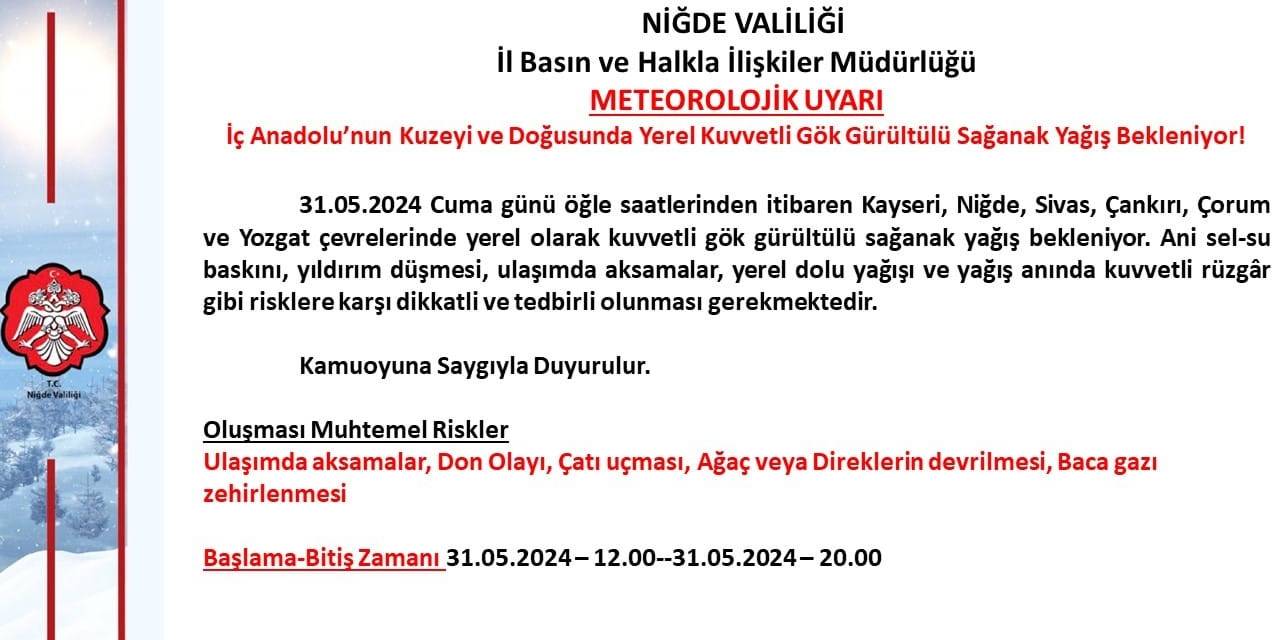 Niğde Valiliği’nden ’kuvvetli Yağış’ Uyarısı