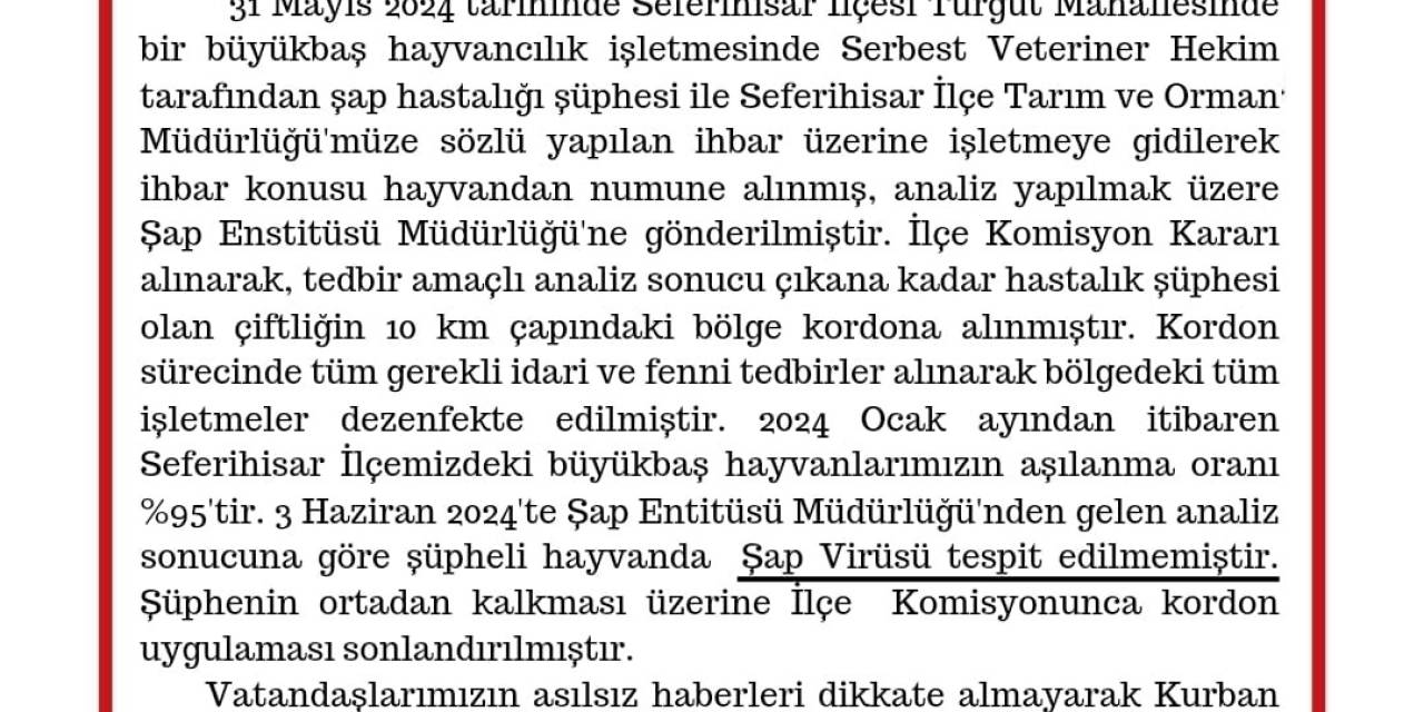 Seferihisar’daki ’şap’ Şüphesi Asılsız Çıktı