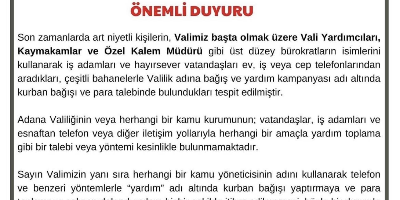 Adana Valiliği, Vatandaşları Bayram Öncesinde Dolandırıcılığa Karşı Uyardı