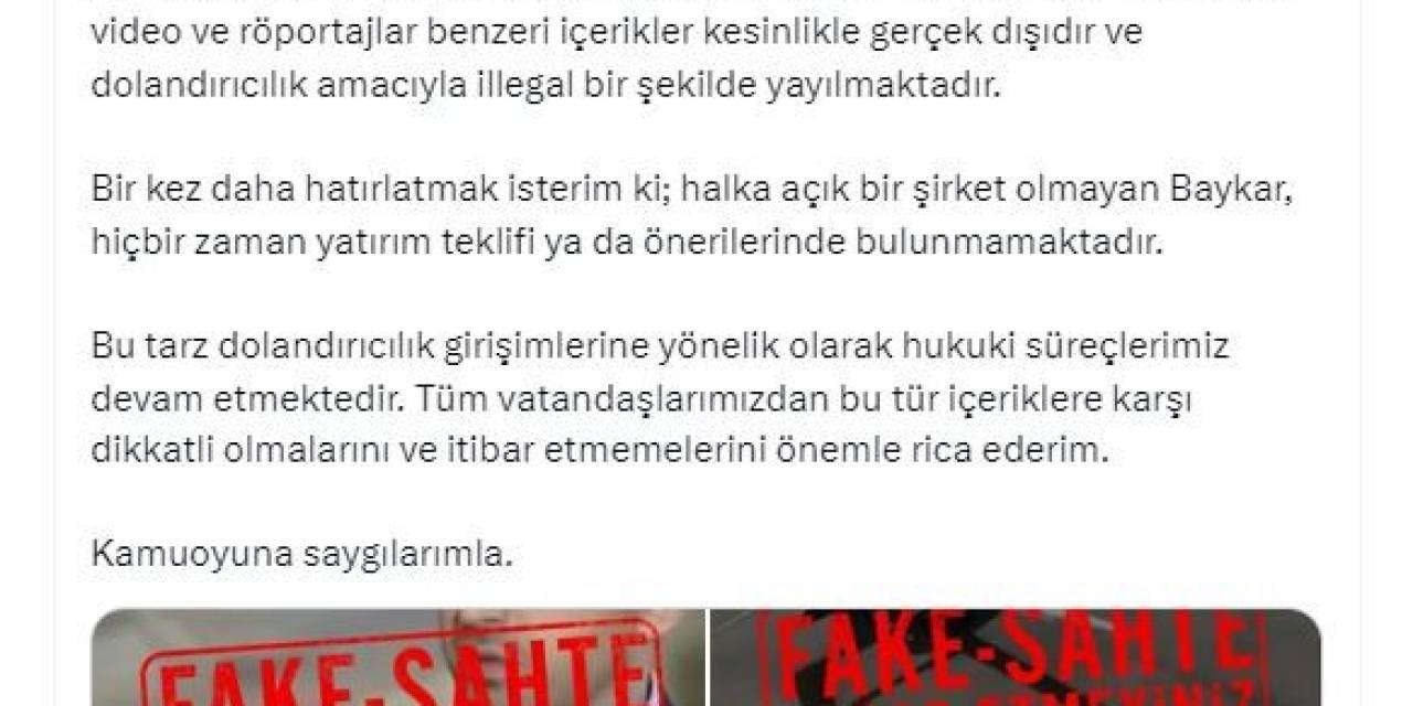 Baykar Yönetim Kurulu Başkanı Selçuk Bayraktar’dan Dolandırıcılık Uyarısı