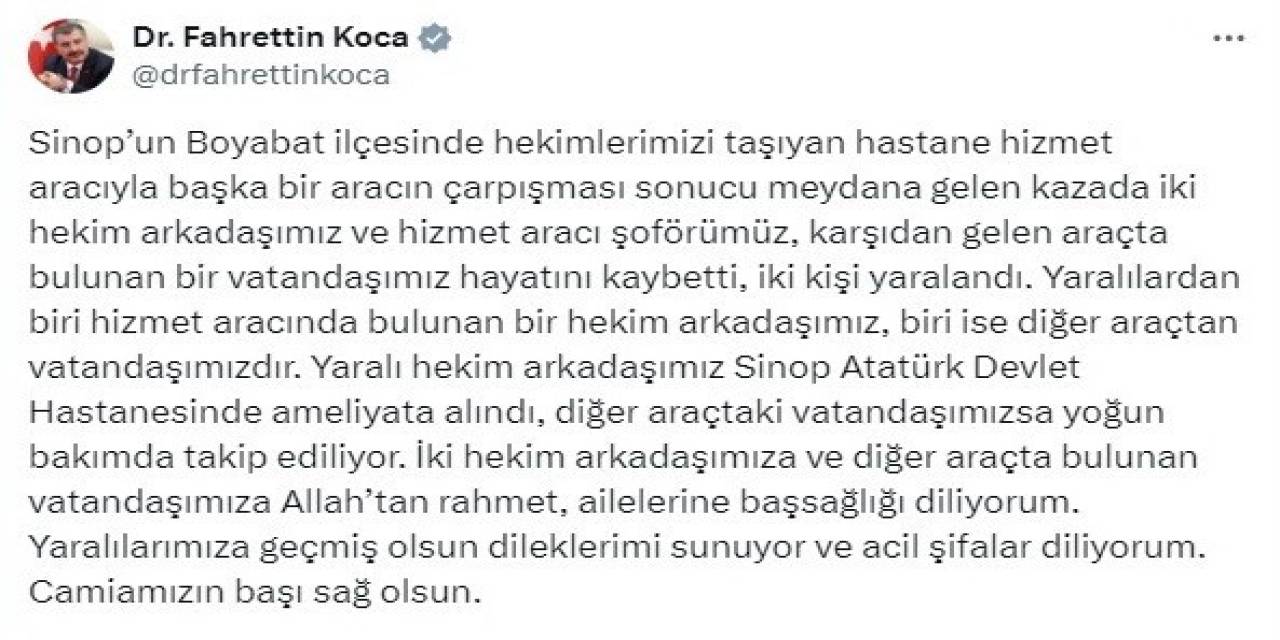 Bakan Koca’dan Sinop’taki Kaza Açıklaması