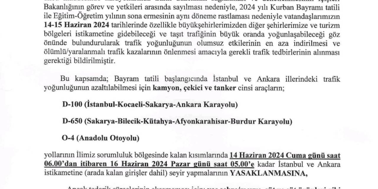 Kamyon, Çekici Ve Tanker Cinsi Araçlara 1 Günlük Yasak