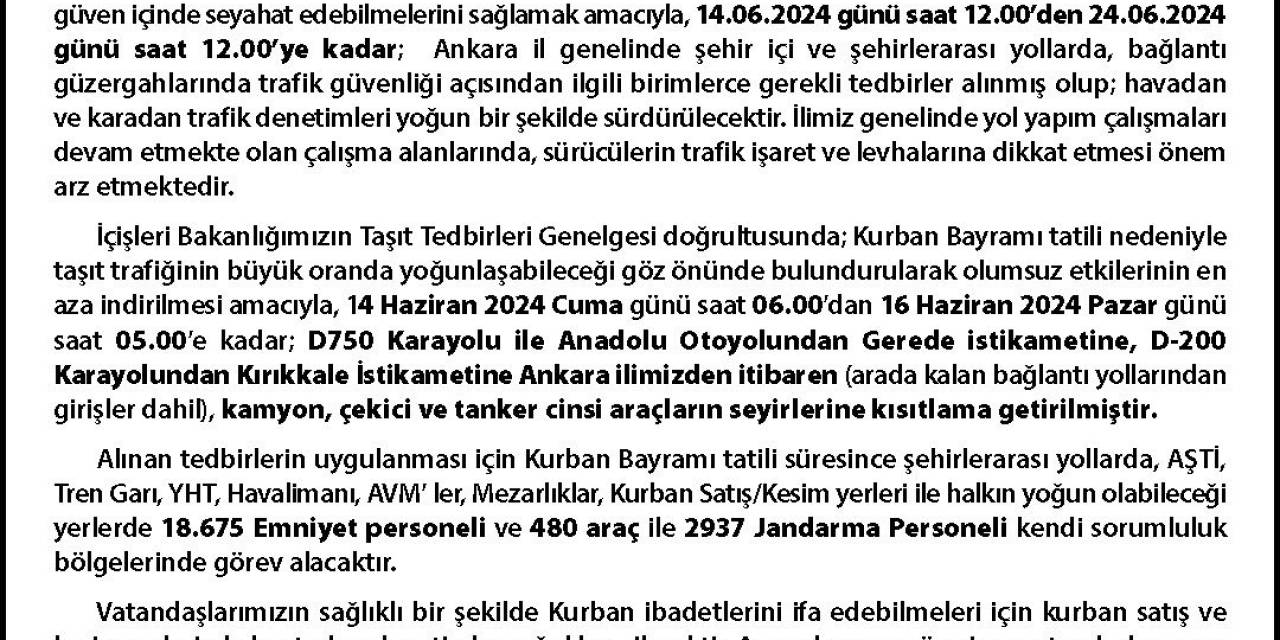 Ankara Valiliğinden Kurban Bayramı Tedbirleri