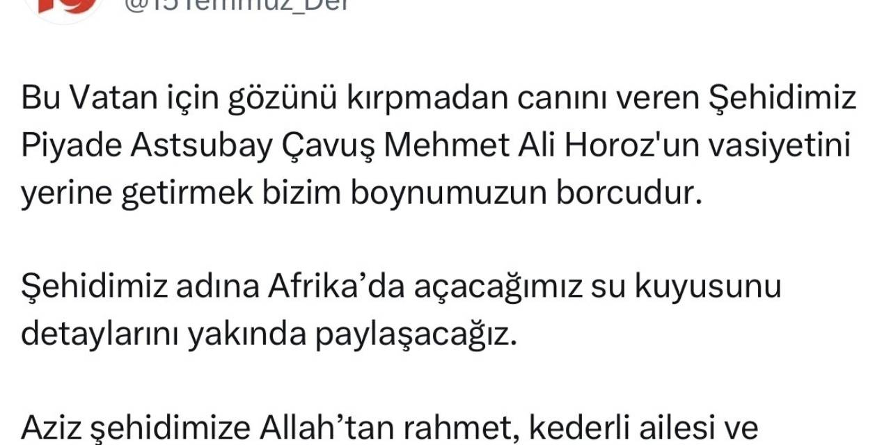 Şehit Astsubay Mehmet Ali Horoz’un Vasiyeti Yerine Getirilecek