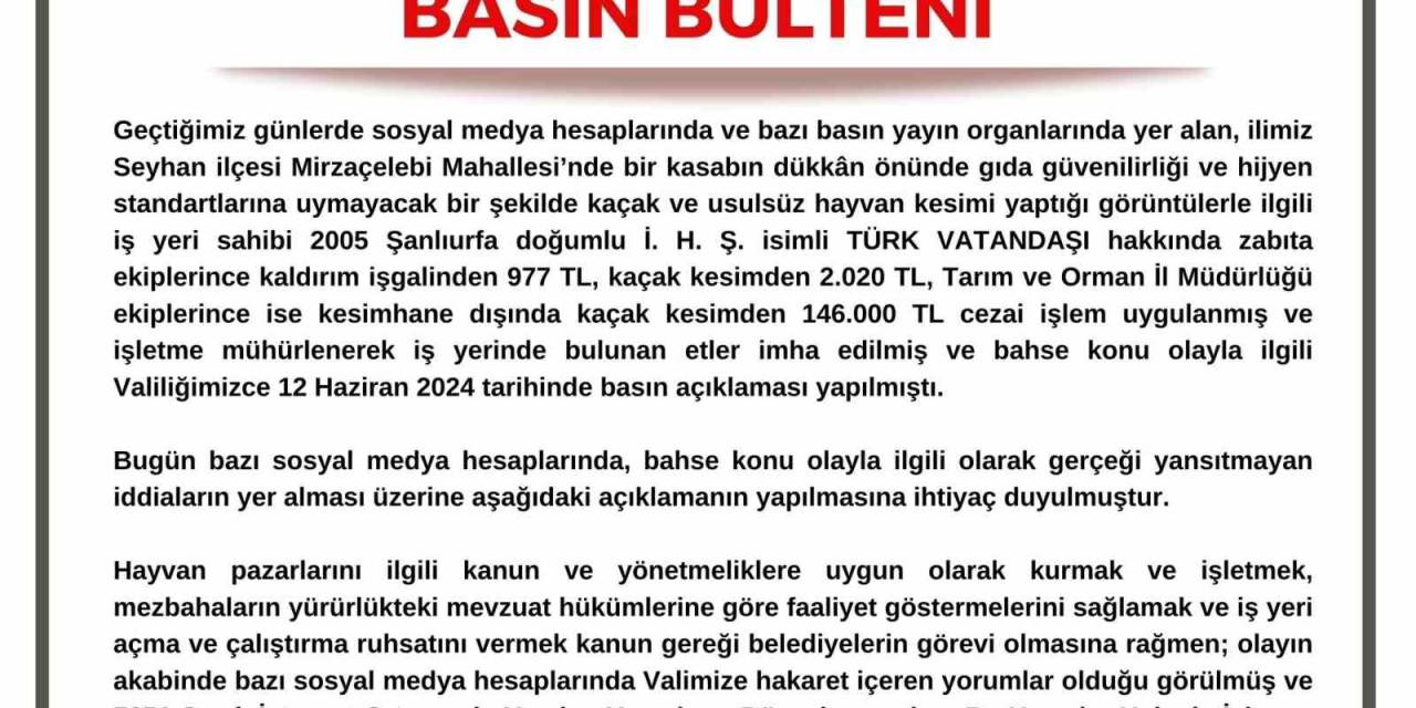 Adana Valiliği: "Kasapla İlgili Gerekli Cezalar Uygulandı"