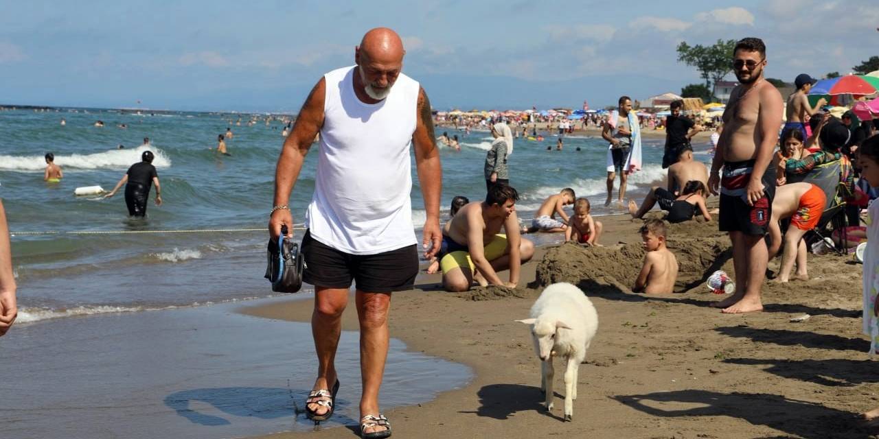 Sahibi İle Sahile İnen Minik Kuzu İlgi Odağı Oldu