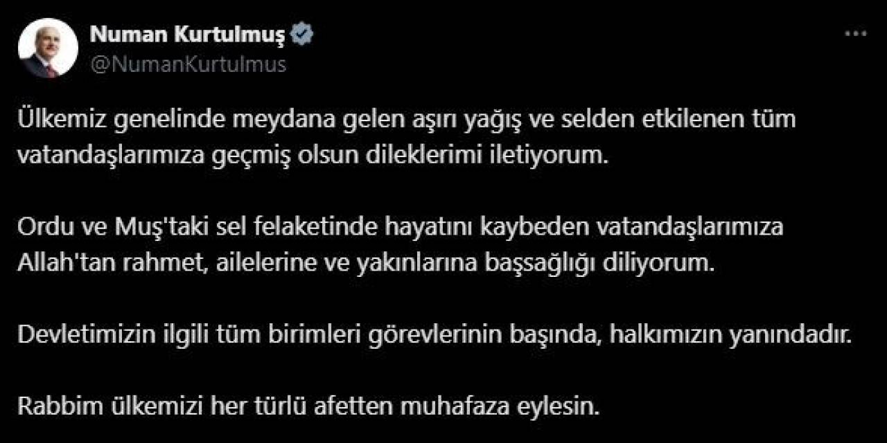 Tbmm Başkanı Kurtulmuş: "Devletimizin İlgili Tüm Birimleri Görevlerinin Başında, Halkımızın Yanındadır"