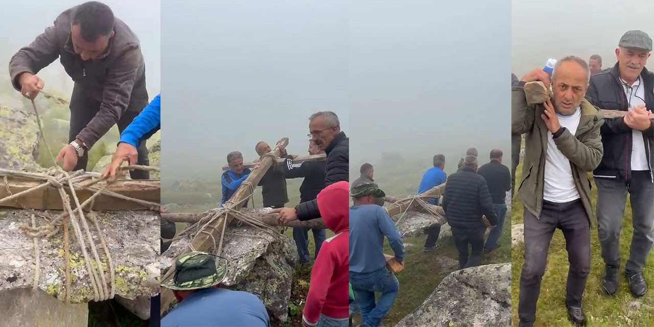 Yayladaki 600 kilogram ağırlığındaki taşı elleri ile böyle taşıdılar