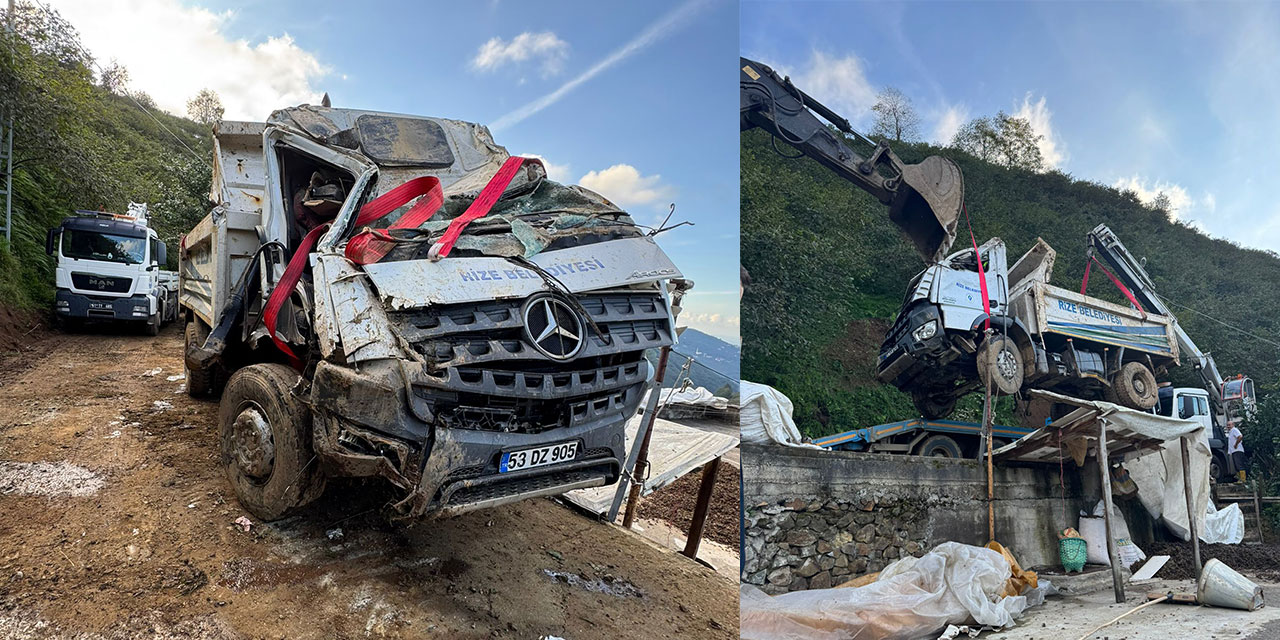 Rize Belediyesi Kamyonu Trabzon’da Sel Temizleme Çalışmaları Sırasında Şarampole Yuvarlandı