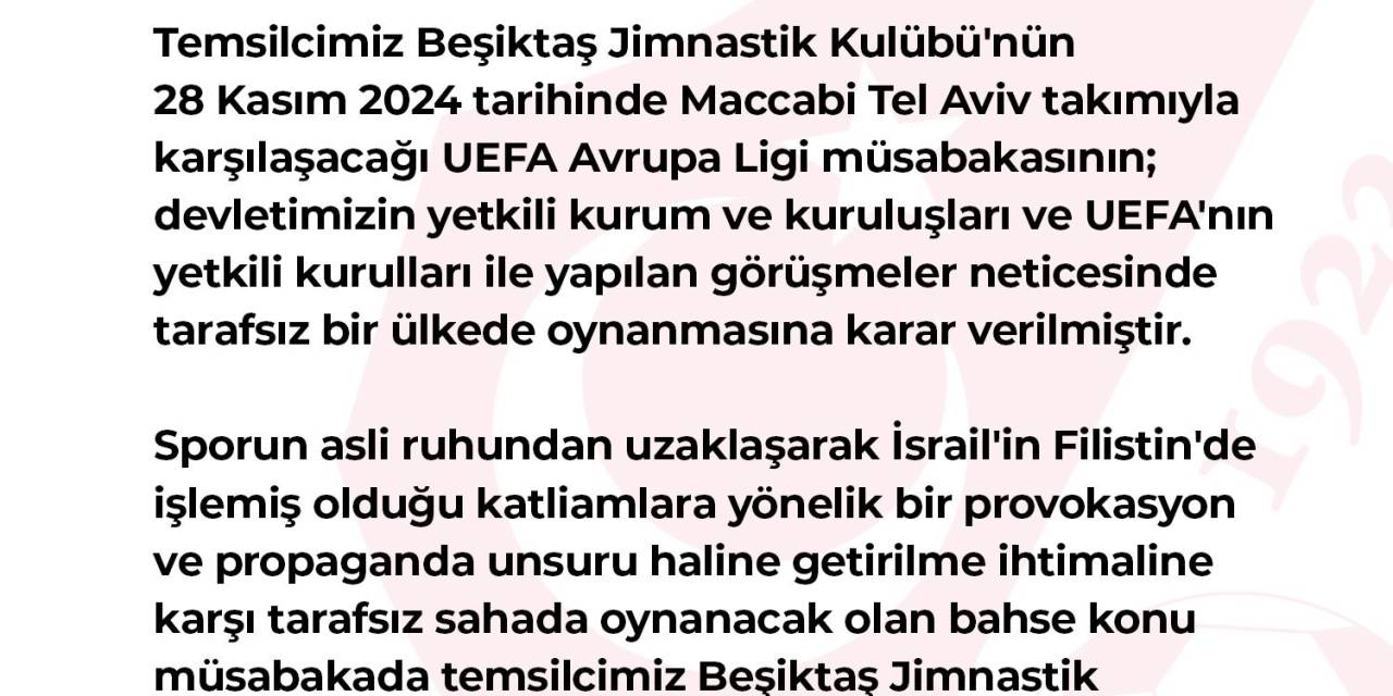 Tff’den Beşiktaş - Maccabi Tel Aviv Maçı Hakkında Açıklama