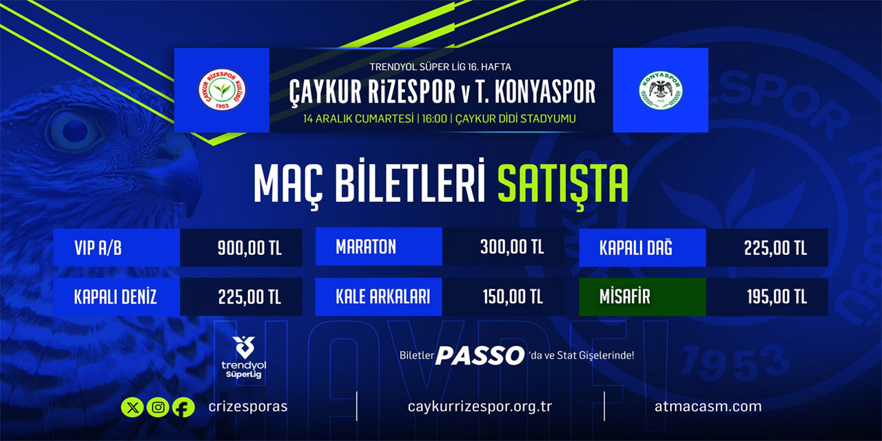 Çaykur Rizespor'un Konyaspor maçı biletleri satışa sunuldu