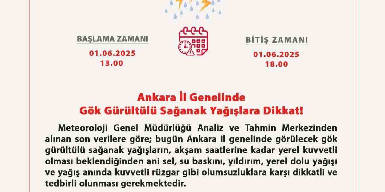 Ankara Valiliği’nden Gök Gürültülü Sağanak Yağış Uyarısı