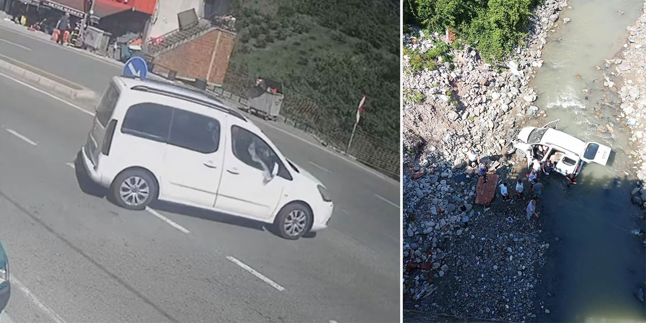 Trabzon'da otomobille çarpışan hafif ticari aracın dereye yuvarlandığı kaza kamerada: 3 yaralı