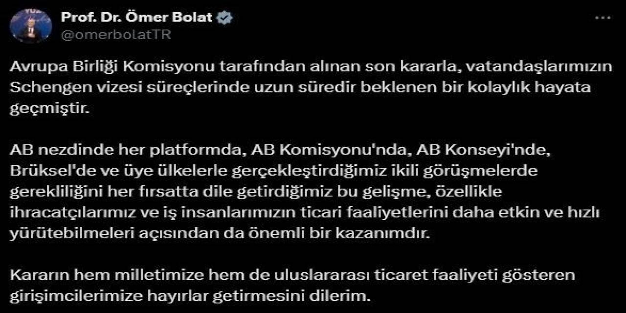 Bakan Bolat: "Schengen Vizesi Süreçlerinde Uzun Süredir Beklenen Bir Kolaylık Hayata Geçmiştir"