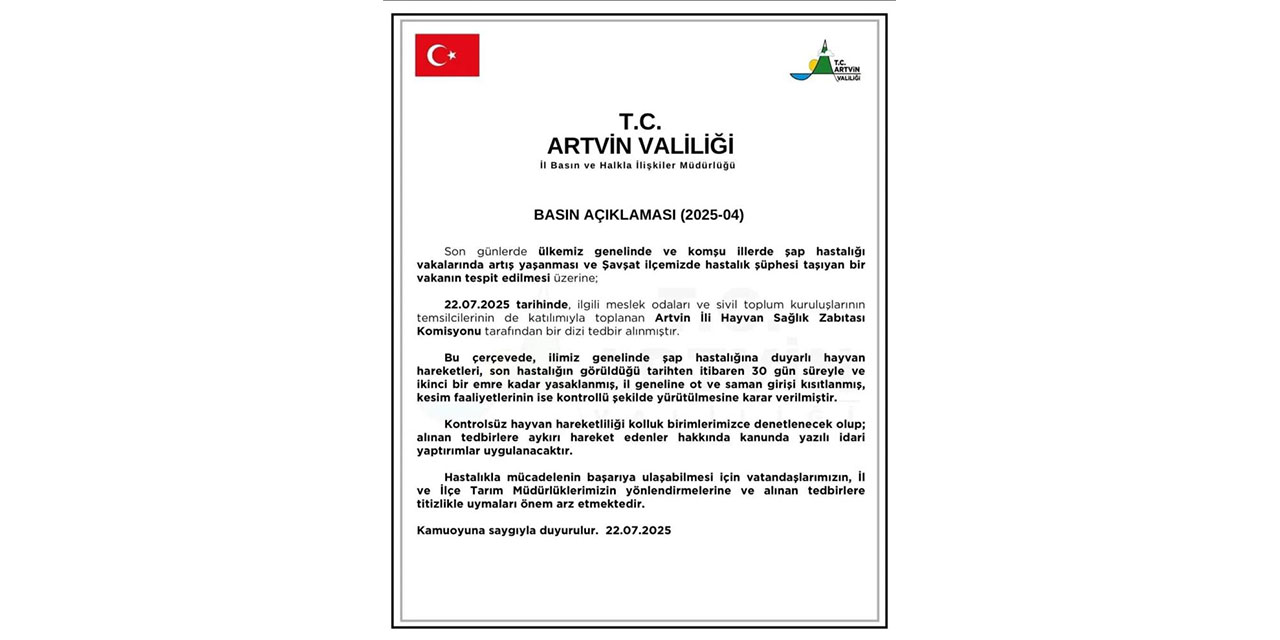 Artvin'de şap hastalığına karşı hayvan hareketleri 30 gün yasaklandı