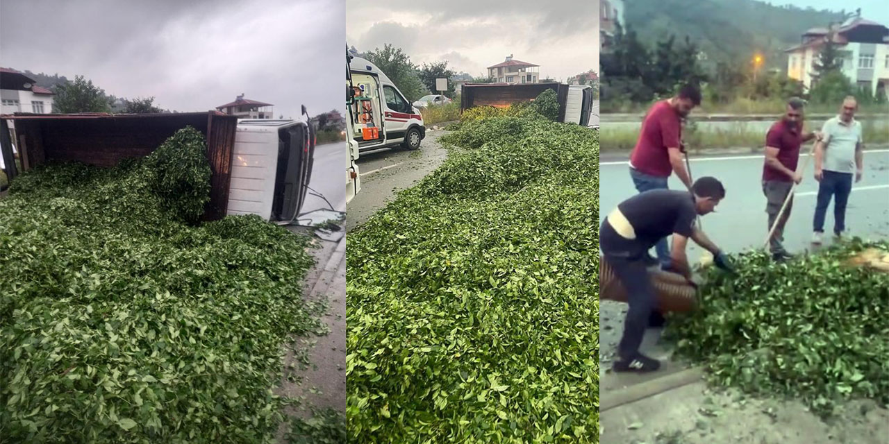 Kaza sonrası yola saçılan kamyon kasasındaki 10 ton çayı böyle temizlediler