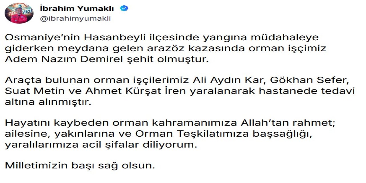 Osmaniye'de arazöz kazasında 1 orman işçisi şehit oldu