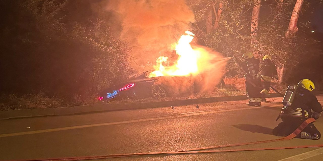 Yoldan çıkan otomobil alev aldı