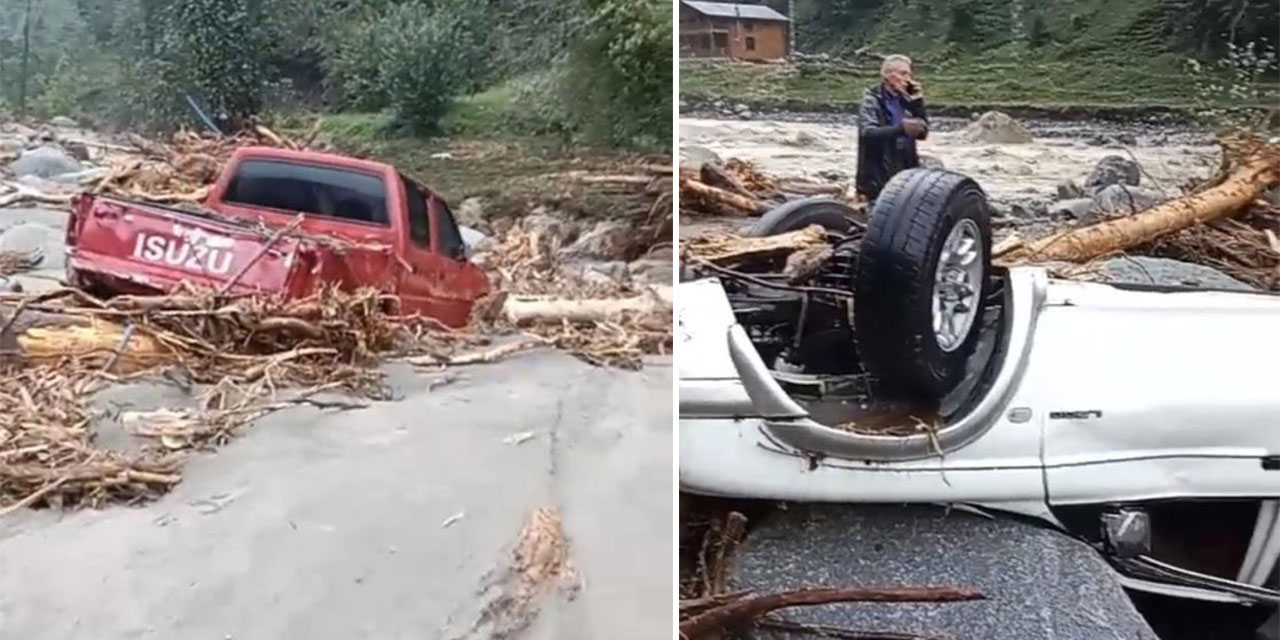 Rize'de 2 araç sel sularına kapıldı