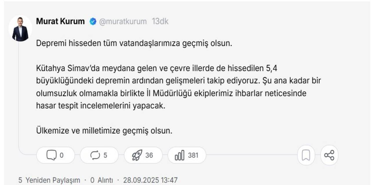 Bakan Kurum: "Depremi Hisseden Tüm Vatandaşlarımıza Geçmiş Olsun"