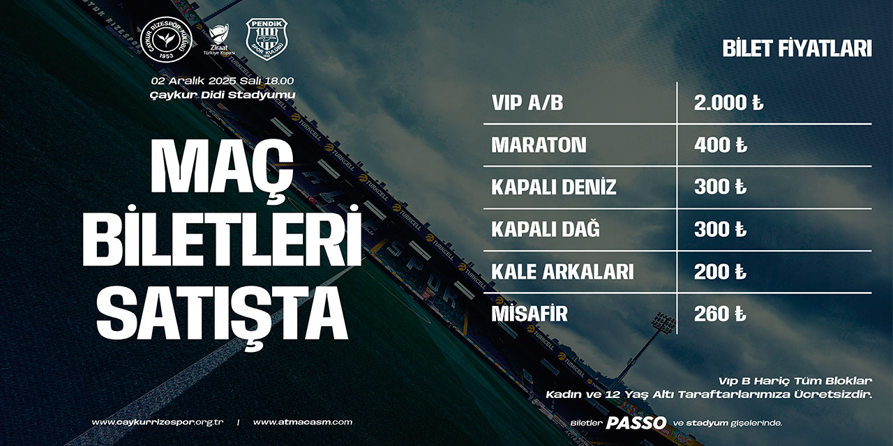 Çaykur Rizespor – Pendikspor Kupa Maçı Biletleri Satışta!