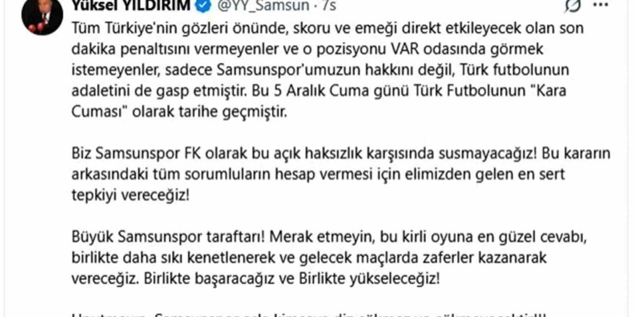 Yüksel Yıldırım: "Samsunspor Asla Kimseye Diz Çökmez Ve Çökmeyecek"