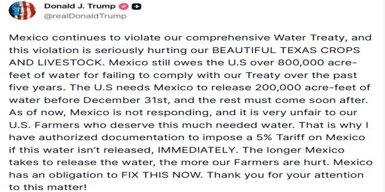Abd Başkanı Trump’tan Meksika’ya Su Anlaşması Uyarısı: "Yeterli Su Serbest Bırakılmazsa, Yüzde 5 Gümrük Vergisi Uygulanacak"
