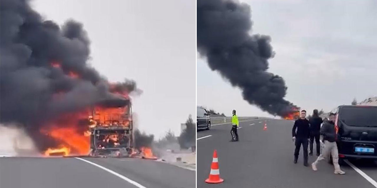 Seyir halindeki yolcu otobüsü alev alev yandı: 25 yolcu son anda kurtuldu